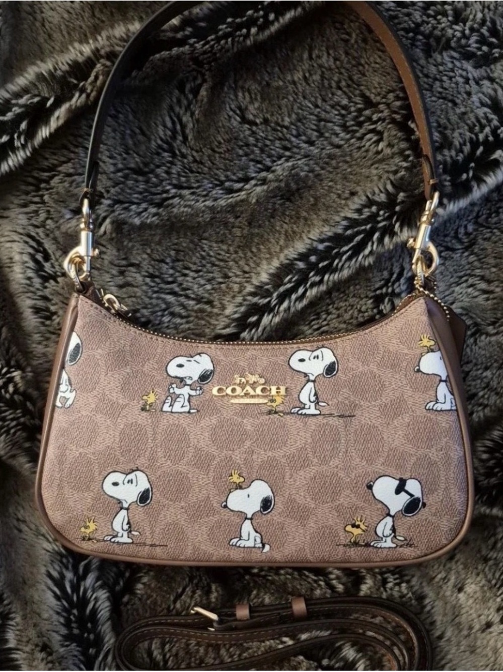 Coach Brown Snoopy Print Shoulder Bag with Gold Hardware
